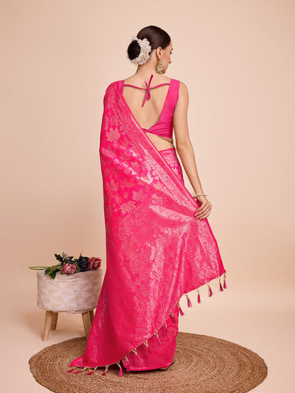 Golden & Copper Zari Weaving With Pink Soft Silk Banarasi Saree | Party & Wedding Wear - JaipurSaaj