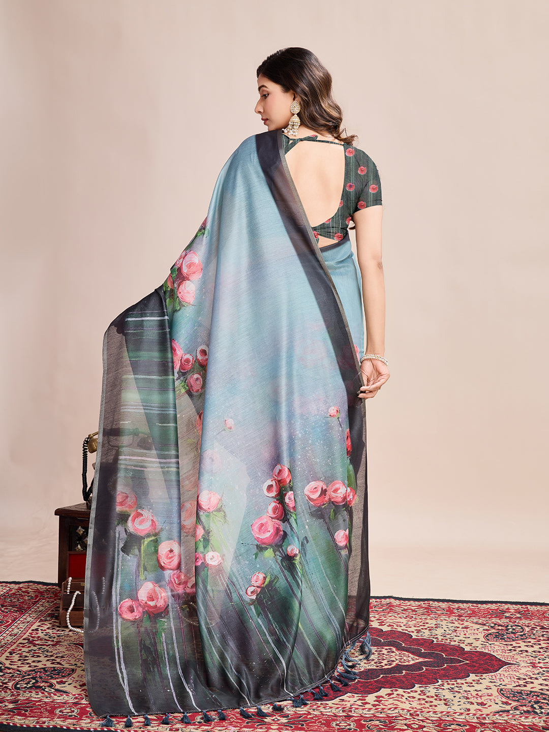 Gray Soft Linen Cotton Saree With Floral Printed Work | Lightweight Traditional Ethnic Wear – JaipurSaaj