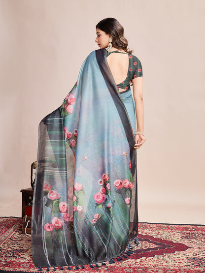 Gray Soft Linen Cotton Saree With Floral Printed Work | Lightweight Traditional Ethnic Wear – JaipurSaaj