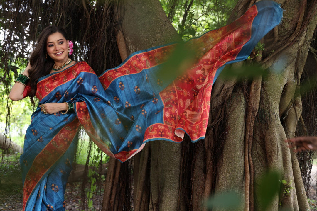 Firoji Peacock Printed Tussar Silk Saree | Traditional Festive Ethnic Wear – JaipurSaaj