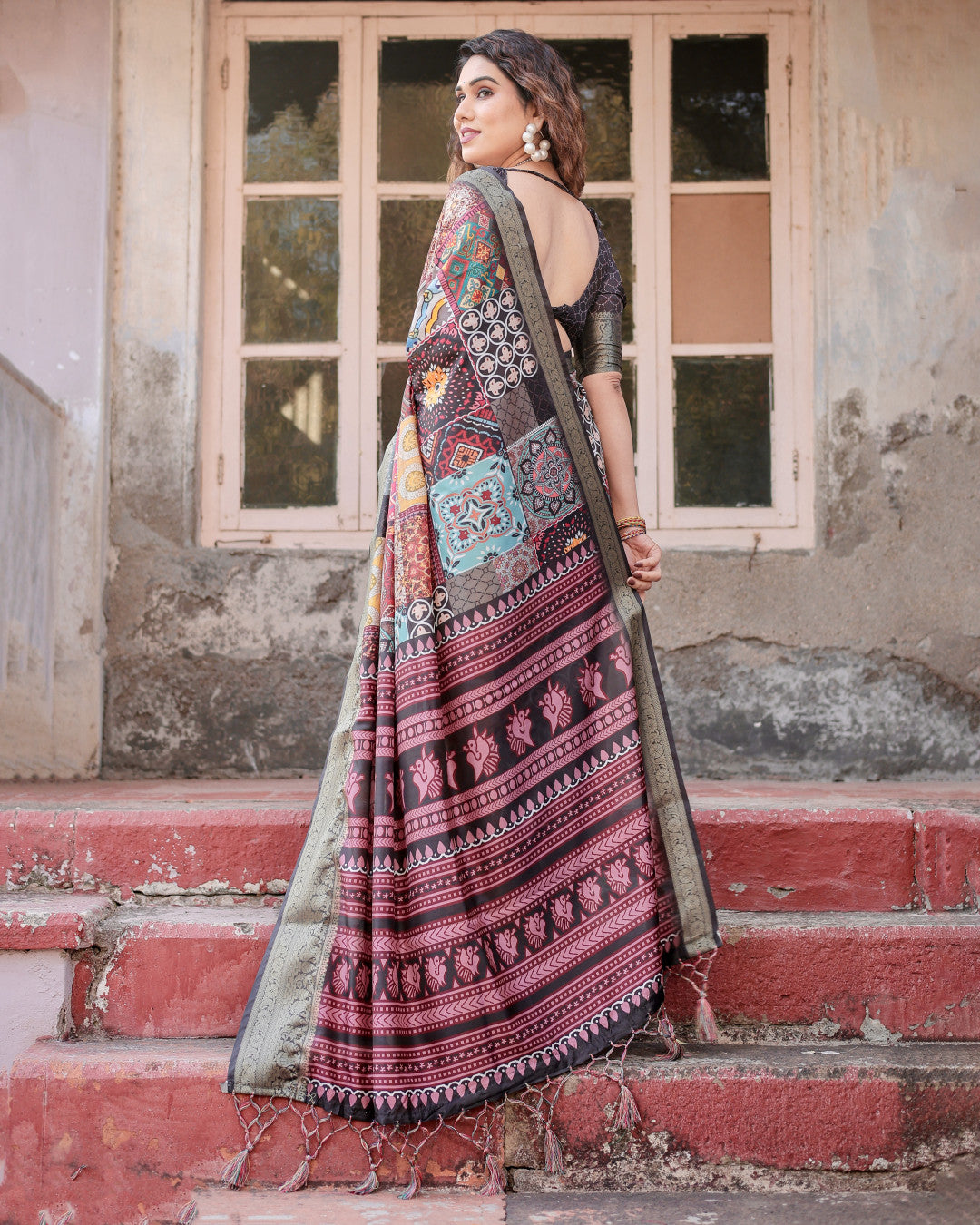 Multi Color Tussar Silk Saree With Digital Kalamkari Print & Zari Motif Border | Casual & Festive Wear – JaipurSaaj
