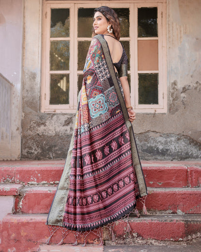 Multi Color Tussar Silk Saree With Digital Kalamkari Print & Zari Motif Border | Casual & Festive Wear – JaipurSaaj