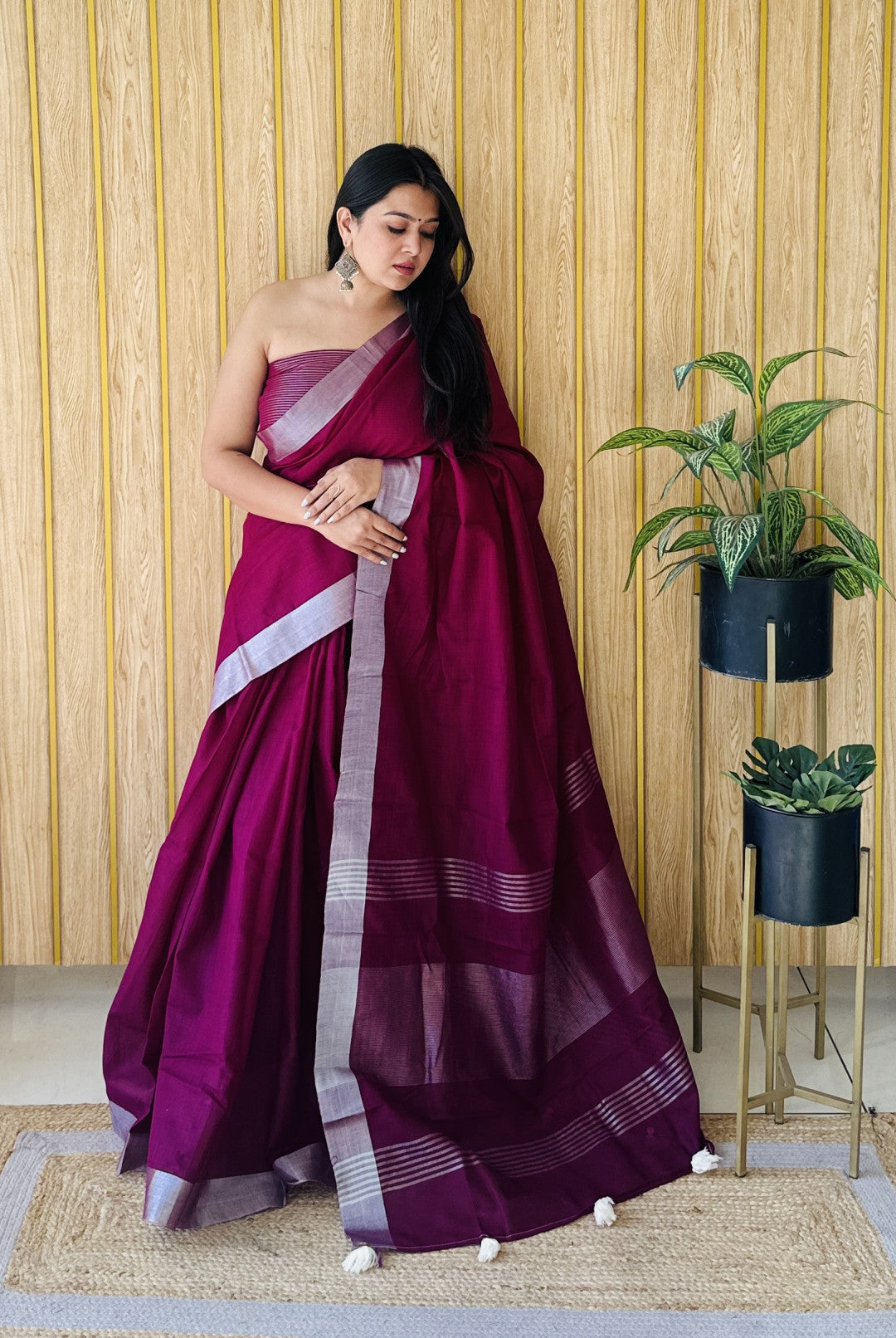 Magenta Linen Cotton Saree With Silver Zari Border