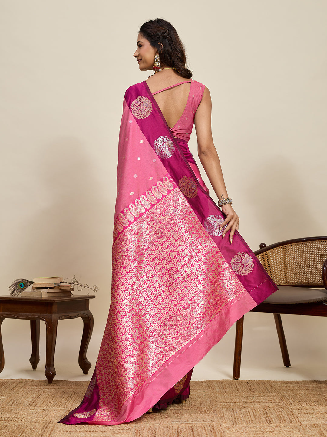 Pink Soft Silk Saree With Silver Banarasi Zari Weaving Work | Festive Wear – JaipurSaaj