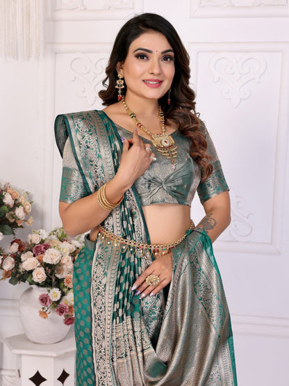 Rama Green Organza Silk Banarasi Saree With Zari Weaving Work | Bridal Wedding & Festive Wear – JaipurSaaj
