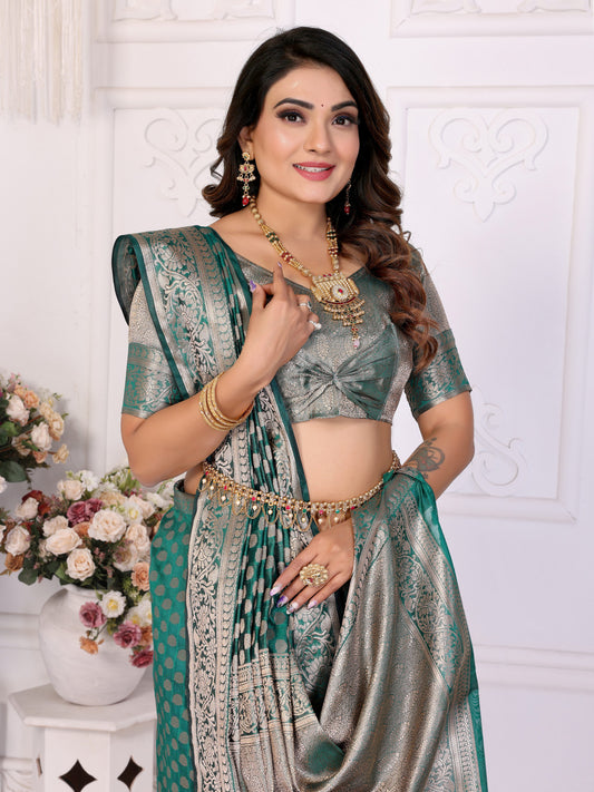 Rama Green Organza Silk Banarasi Saree With Zari Weaving Work | Bridal Wedding & Festive Wear – JaipurSaaj