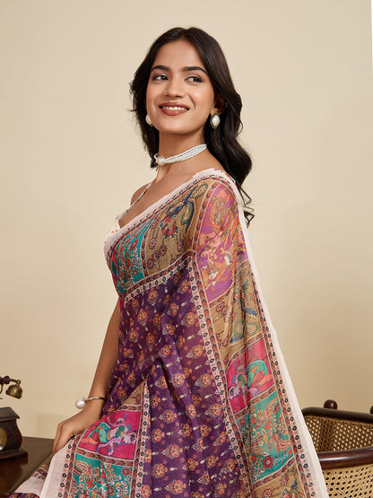 Multi Linen Cotton Saree With Digital Printed Work And Silver Zari Border