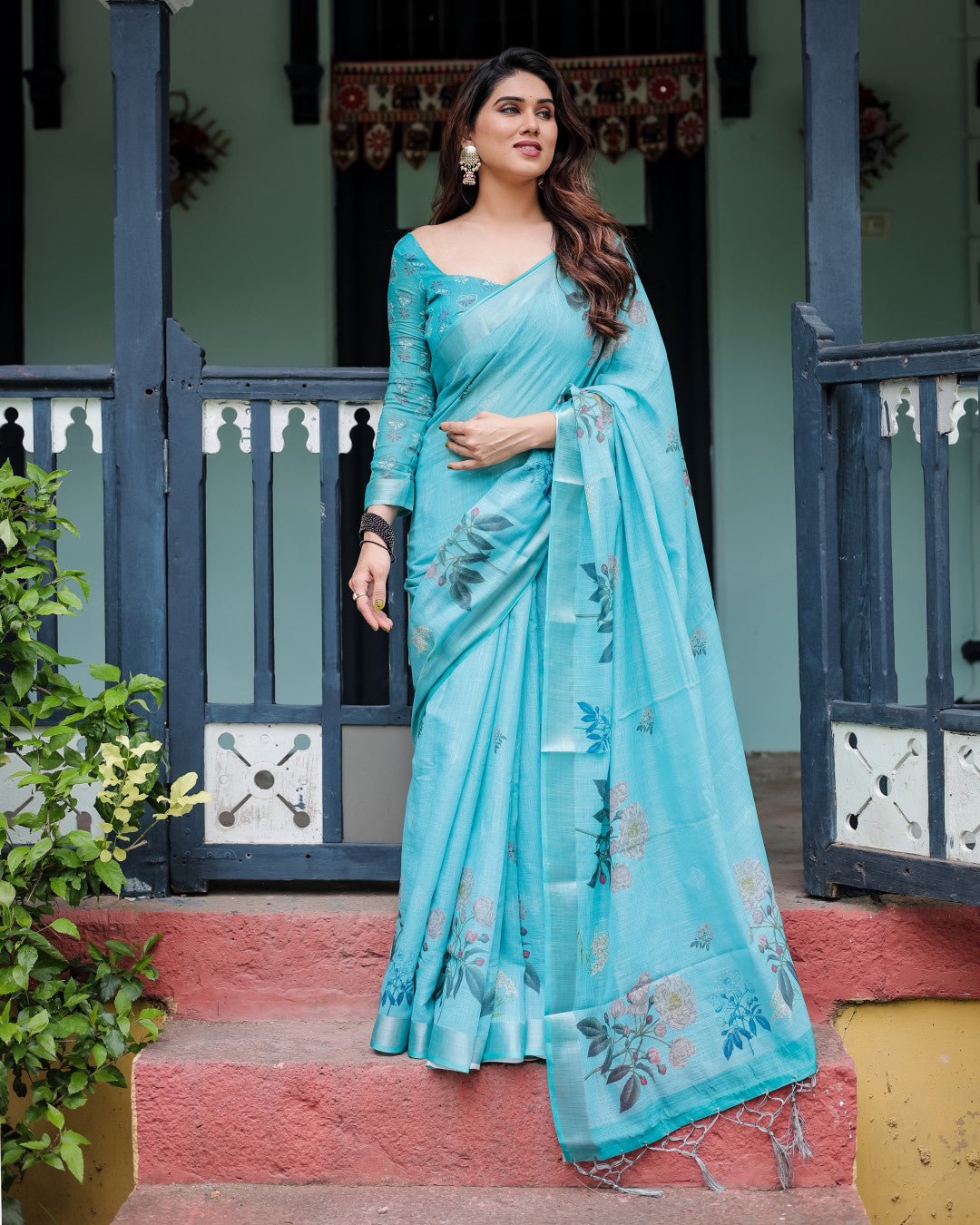 Sky Blue Floral Digital Printed Linen Cotton Saree | Office & Casual Ethnic Wear – JaipurSaaj