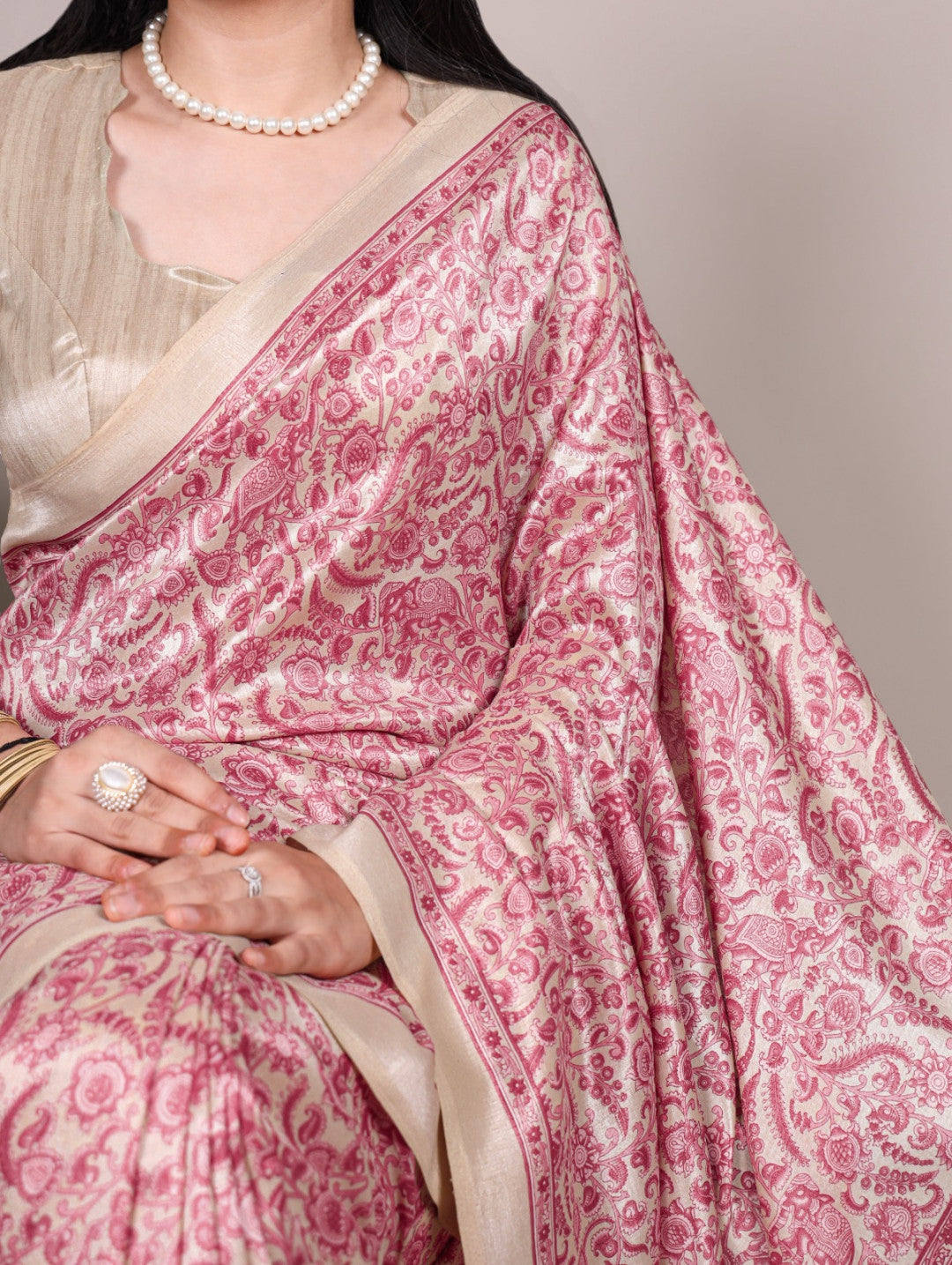 Peach Tussar Silk Saree With Graceful Printed Work | Festive Ethnic Wear – JaipurSaaj