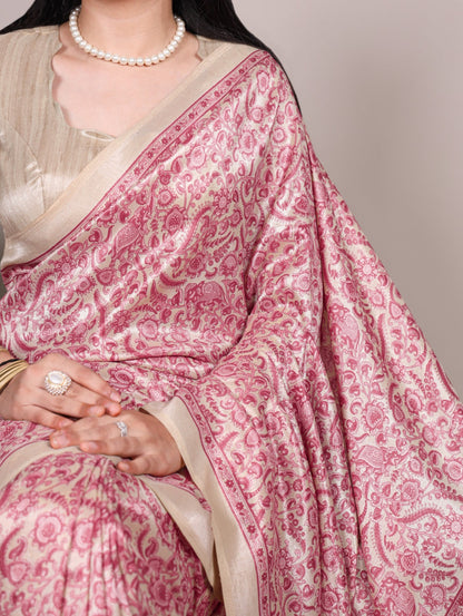 Peach Tussar Silk Saree With Graceful Printed Work | Festive Ethnic Wear – JaipurSaaj
