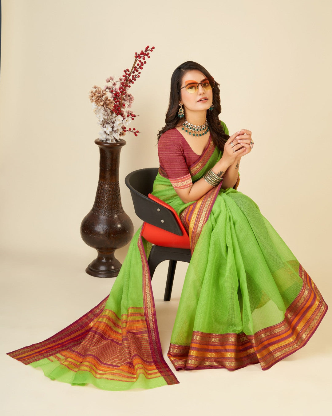 Parrot Green Doriya Cotton Saree With Woven Design | Lightweight Daily Wear – JaipurSaaj