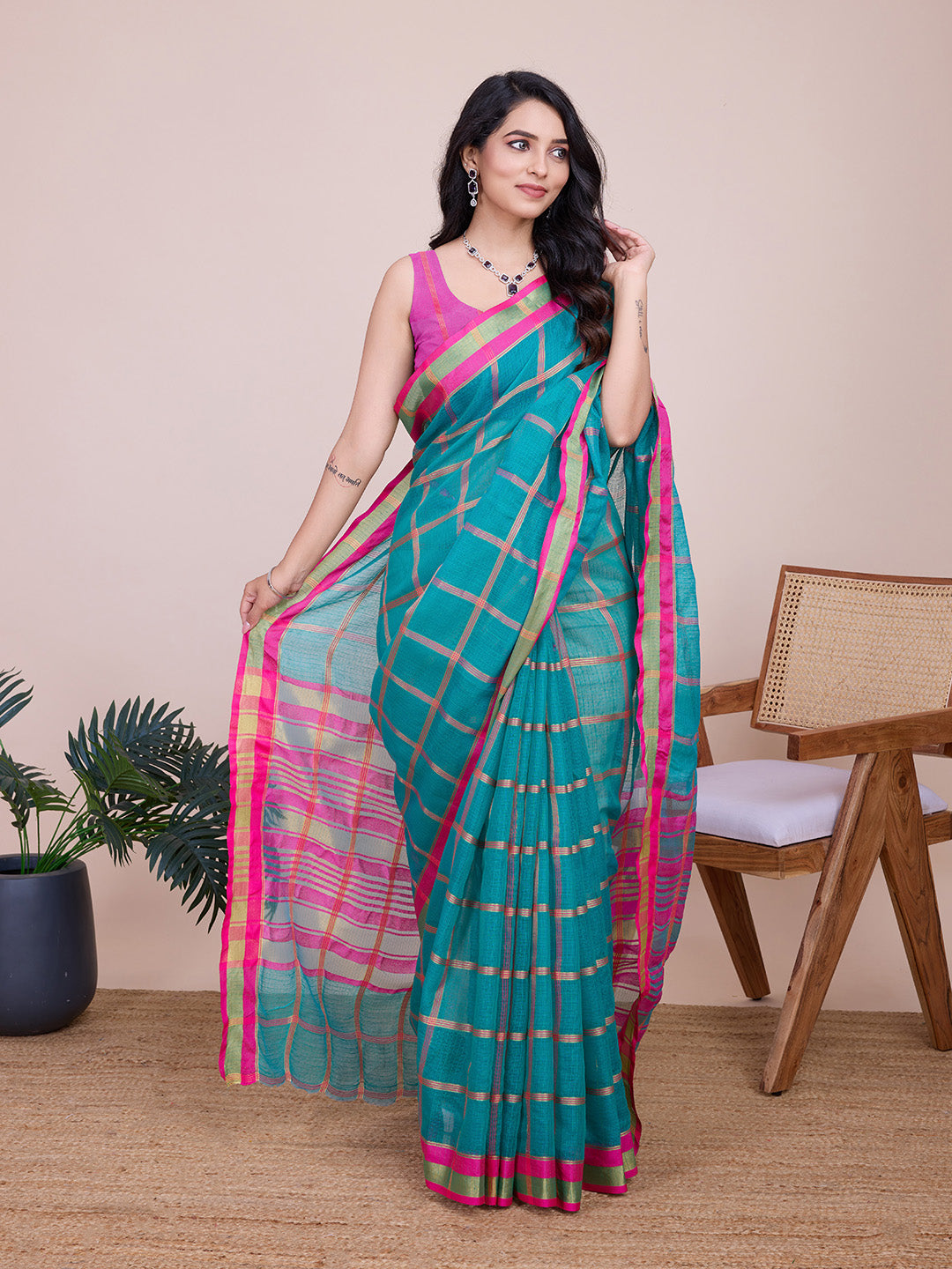 Sea Green Kota Doriya Saree With Zari Weaving Work