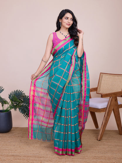 Sea Green Kota Doriya Saree With Zari Weaving Work
