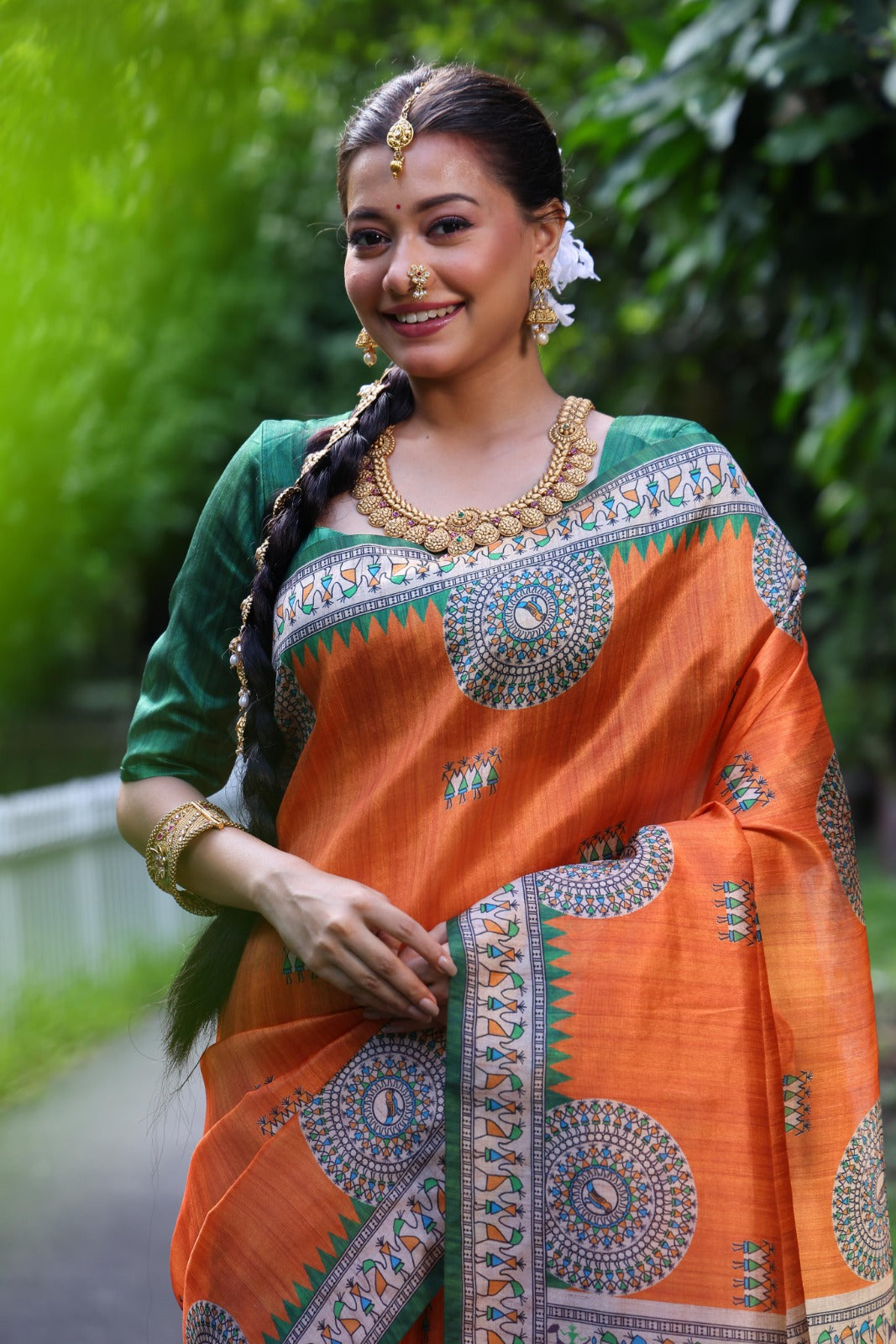 Orange Madhubani Printed Soft Tussar Silk Saree | Traditional Festive Ethnic Wear – JaipurSaaj