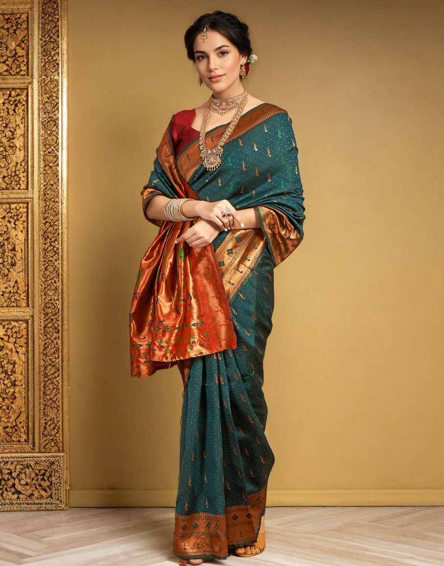 Traditional Dark Green Paithani Silk Saree With Zari Weaving Work