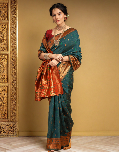Traditional Dark Green Paithani Silk Saree With Zari Weaving Work