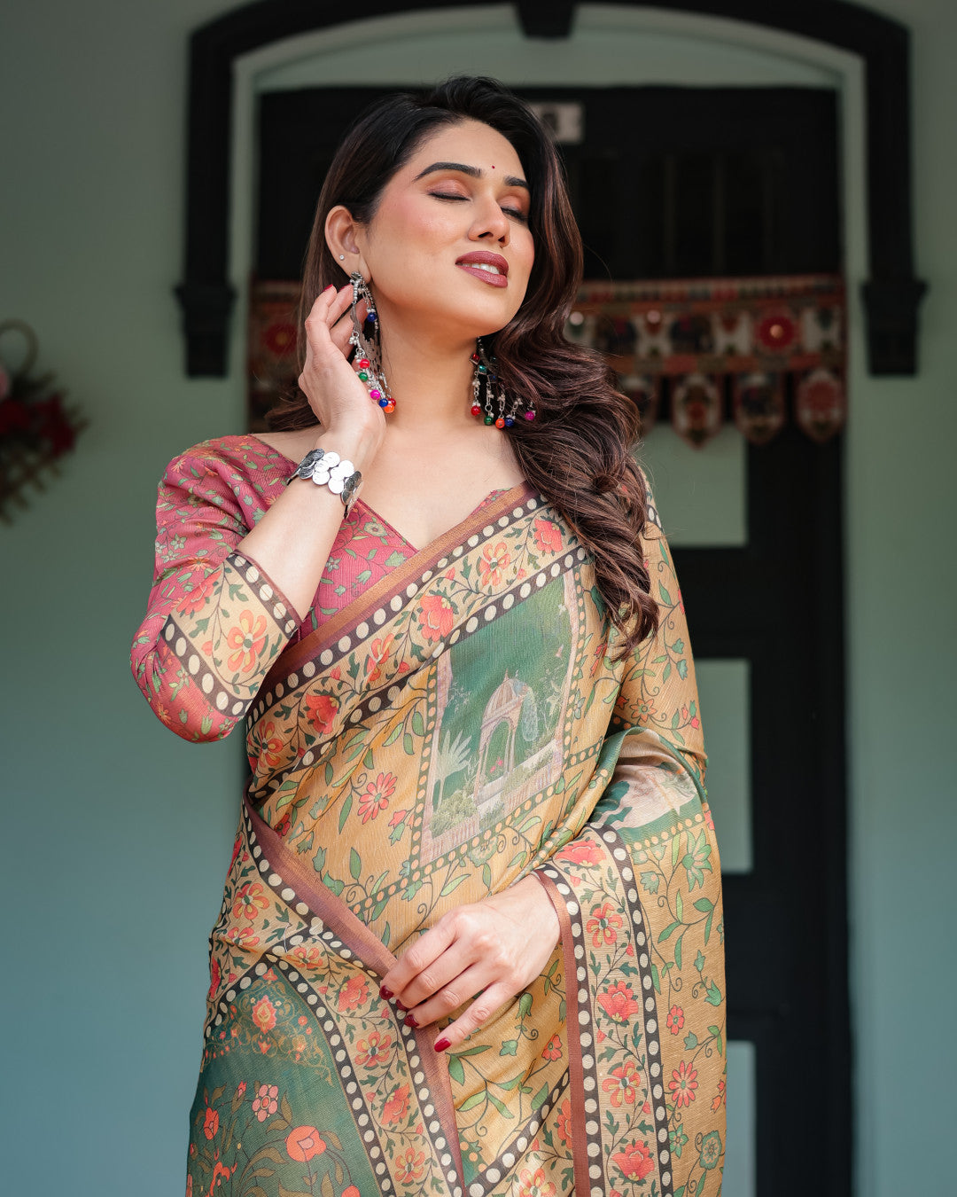 Light Yellow Soft Linen Cotton Saree With Kalamkari Printed Work