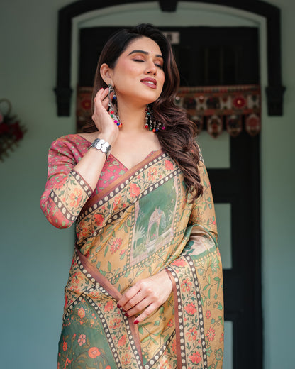 Light Yellow Soft Linen Cotton Saree With Kalamkari Printed Work