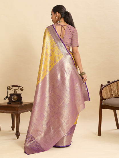Yellow Kanjivaram Silk Saree with Zari Weaving Work & Big Border | Bridal Wedding Wear – JaipurSaaj