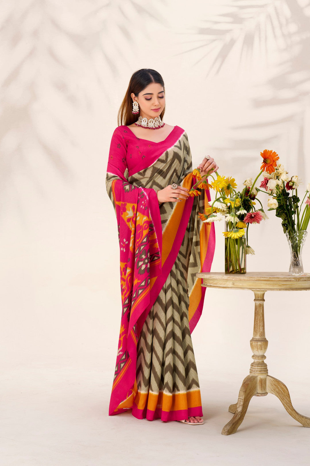 Multi Color Soft Tussar Silk Saree With Printed Work & Lace Border | Festive Ethnic Wear – JaipurSaaj