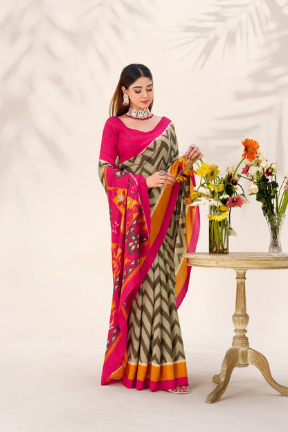 Multi Color Soft Tussar Silk Saree With Printed Work & Lace Border | Festive Ethnic Wear – JaipurSaaj