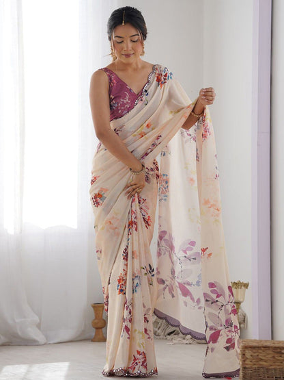 Beige Georgette Saree With Printed And Mirror Work With Arco Border