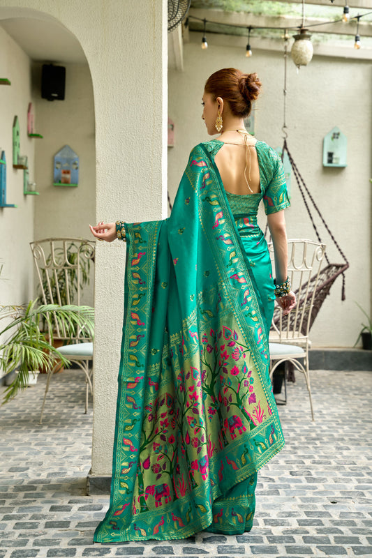 Traditional Rama Green Paithani Silk Saree With Zari Weaving Work