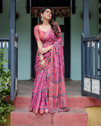 Pink Floral Digital Printed Linen Cotton Saree