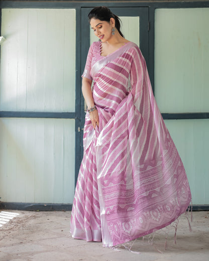 Lavender Soft Linen Cotton Saree With Digital Printed Work