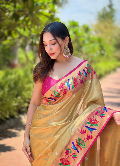 Beige Soft Tissue Paithani Silk Saree With Zari Weaving Work | Bridal Wedding Wear – JaipurSaaj