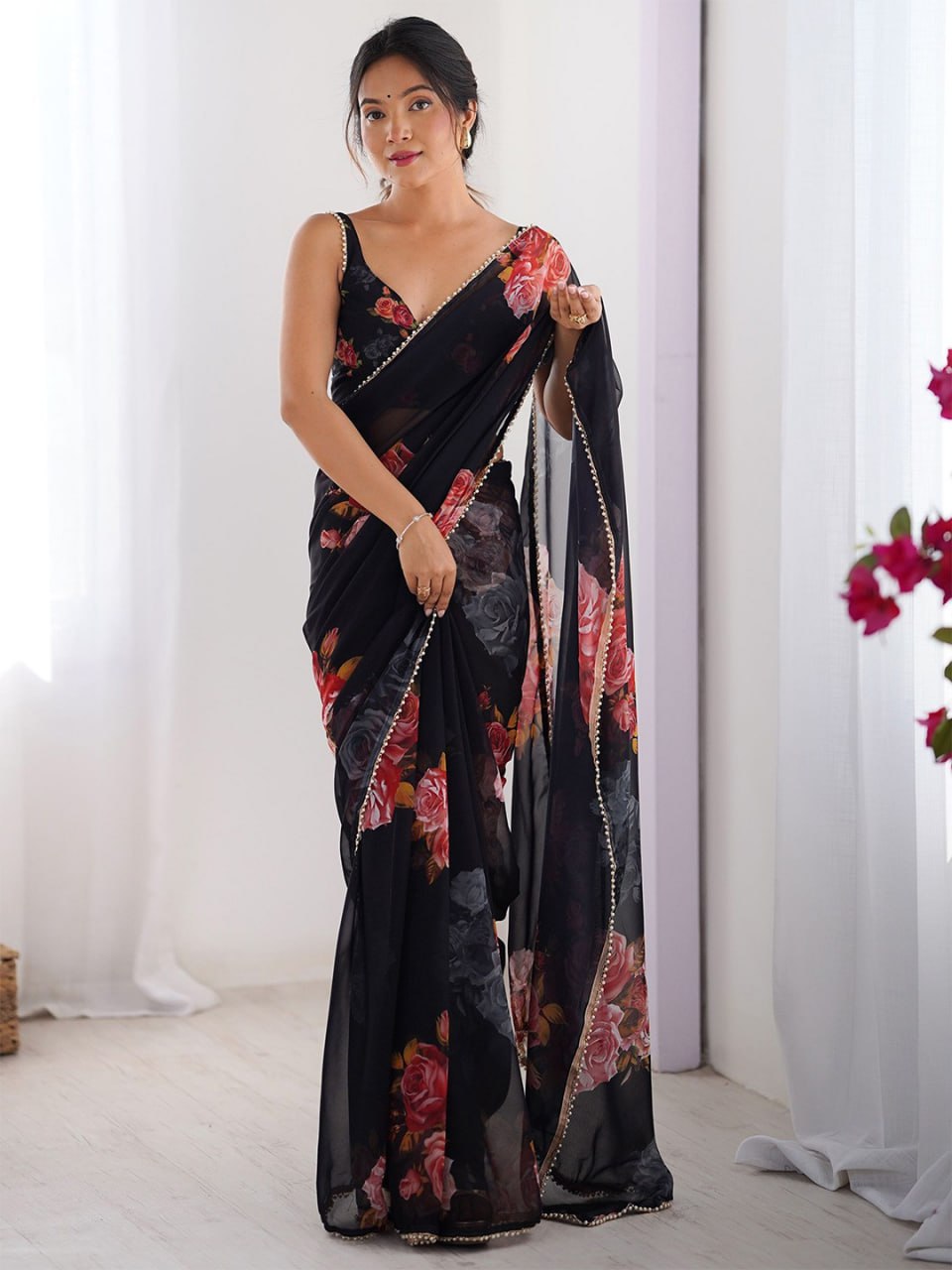 Black Georgette Saree With Printed Work And Moti Border