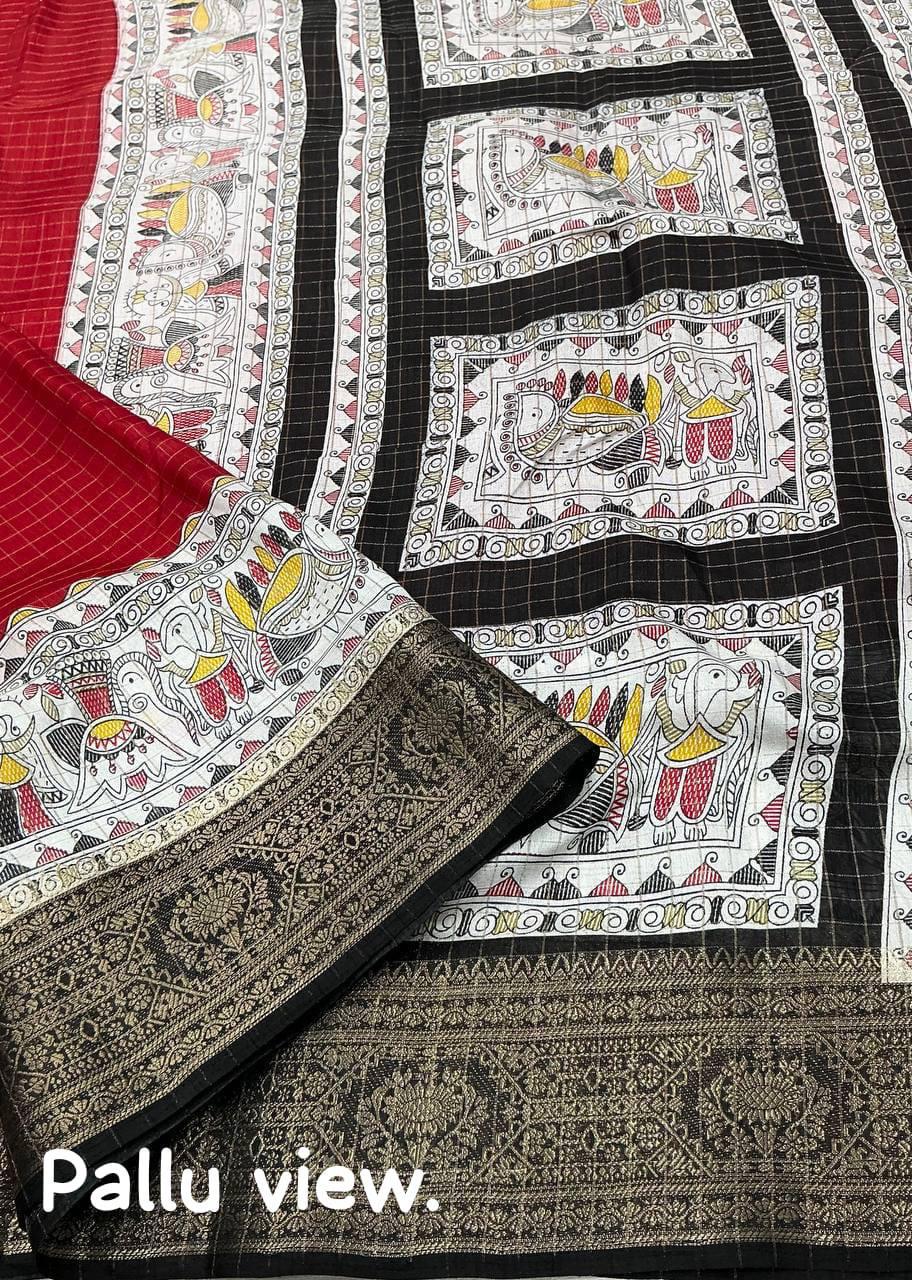 Red Dola Silk Saree With Beautiful Madhubani Printed Pallu Work | Traditional Wedding Wear – JaipurSaaj