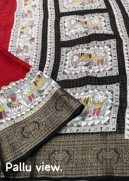 Red Dola Silk Saree With Beautiful Madhubani Printed Pallu Work | Traditional Wedding Wear – JaipurSaaj