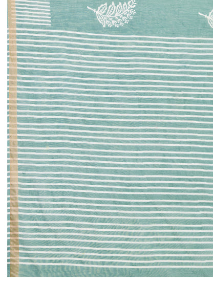 Sea Green Linen Cotton Saree With Digital Printed Work And Silver Zari Border | Lightweight Party & Festive Wear – JaipurSaaj