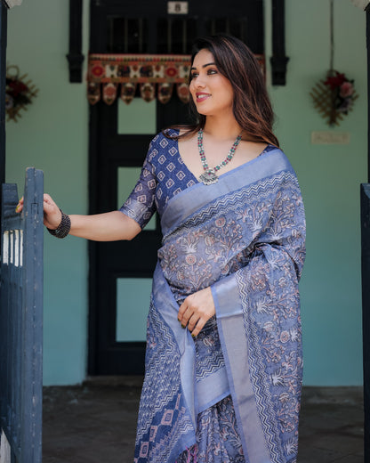 Blue Summer Special Digital Printed Linen Cotton Saree