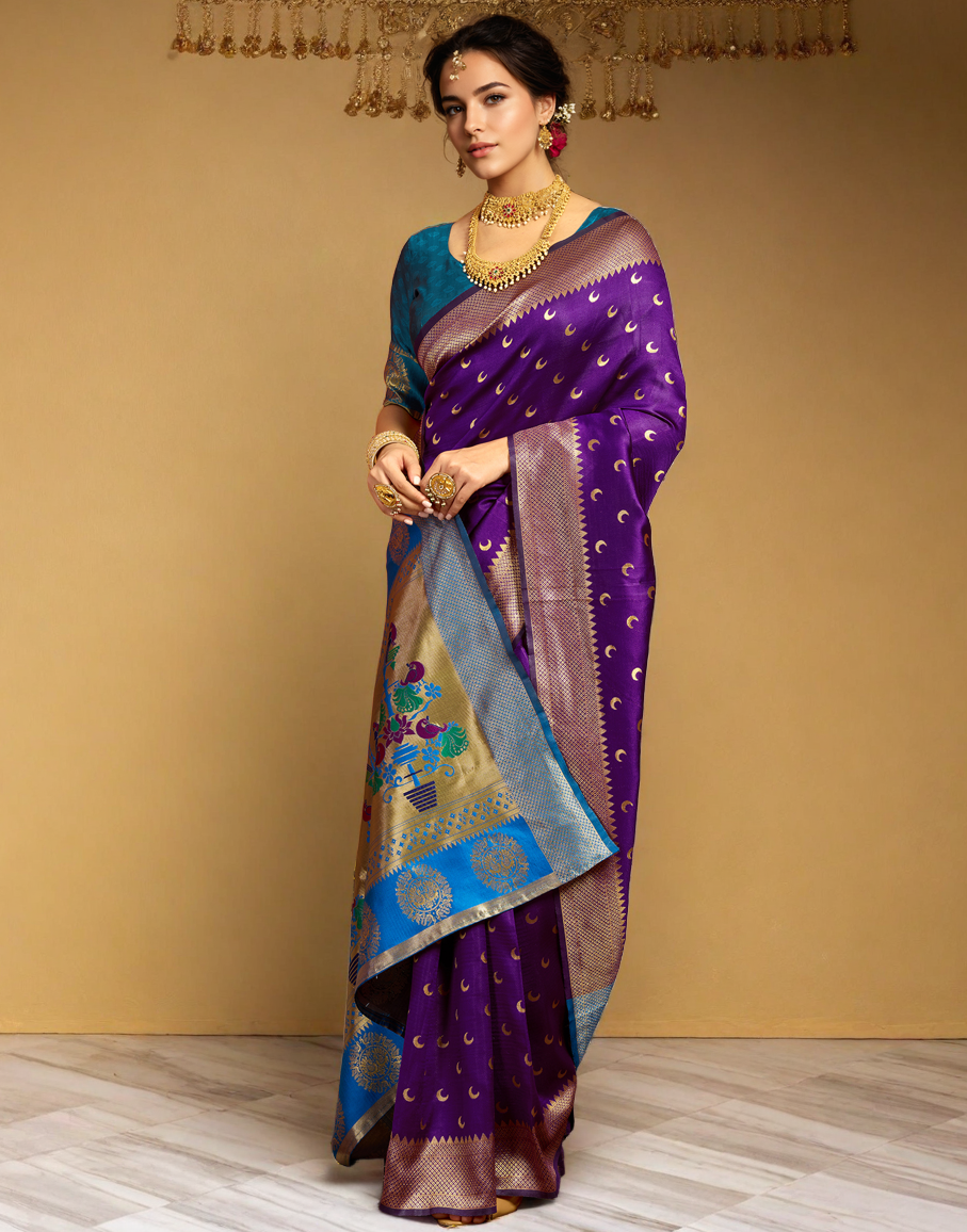 Traditional Purple Chand Design Paithani Silk Saree With Zari Weaving Work