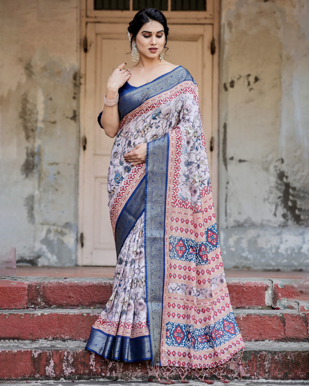 Multi Color Digital Printed Tussar Silk Saree With Zari Motif Border | Traditional Festive Ethnic Wear – JaipurSaaj