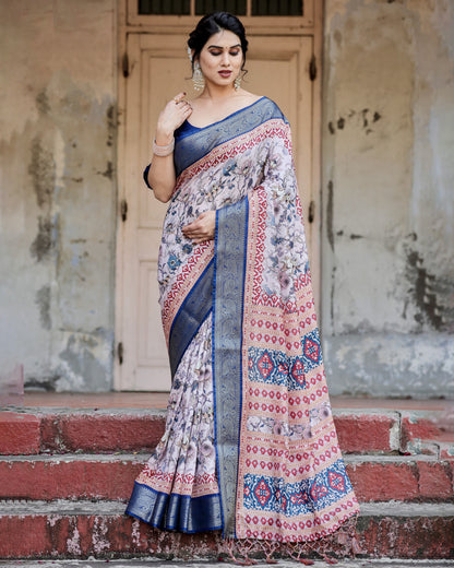 Multi Color Digital Printed Tussar Silk Saree With Zari Motif Border | Traditional Festive Ethnic Wear – JaipurSaaj