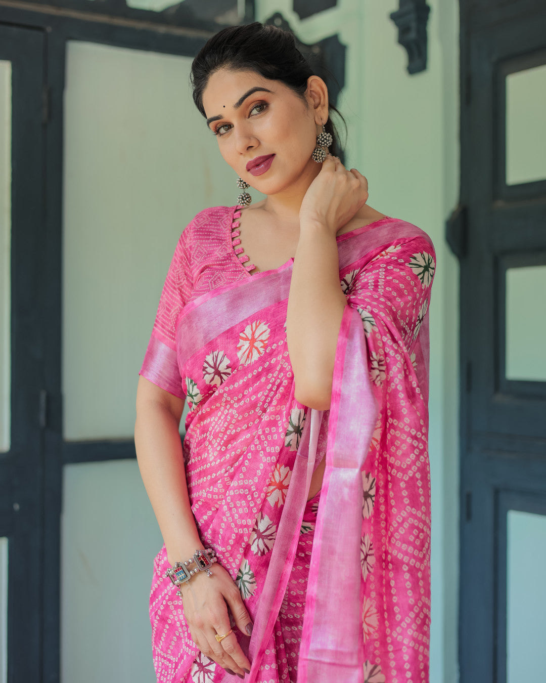 Baby Pink Soft Linen Cotton Saree With Digital Printed Work