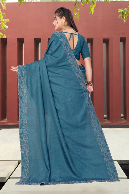 Firoji Dola Silk Saree With Siroski Work Border
