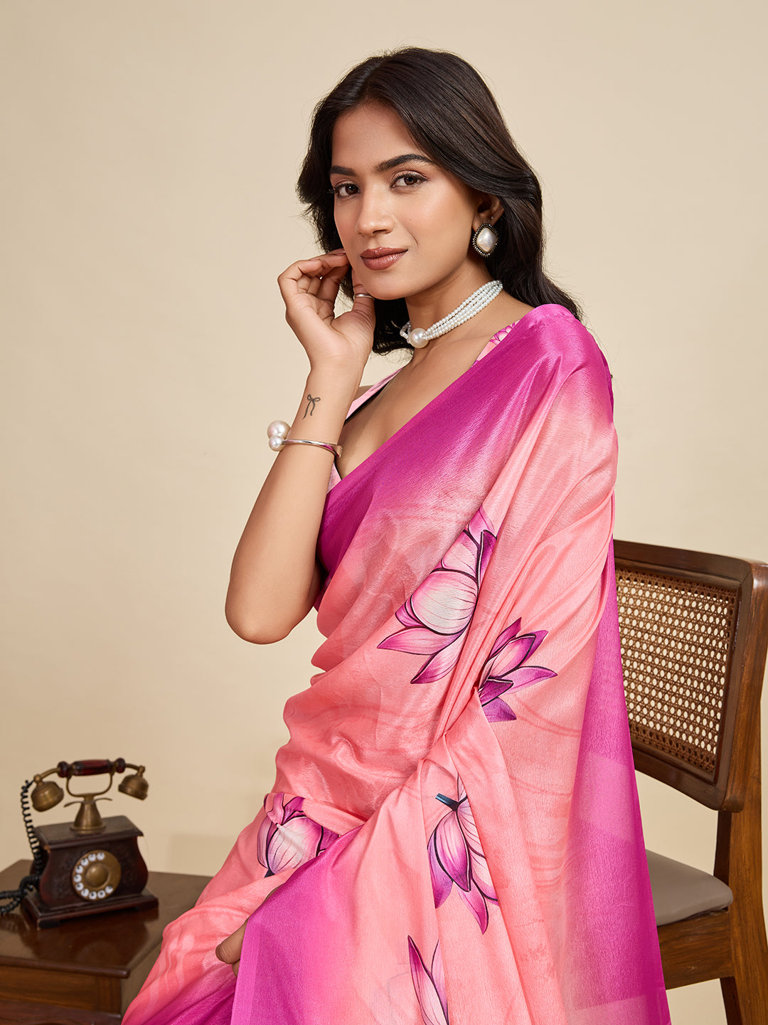 Baby Pink Soft Chinnon Silk Saree With Digital Printed Work