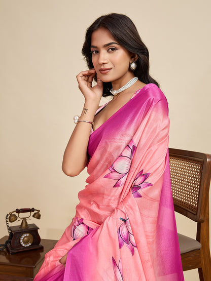 Baby Pink Soft Chinnon Silk Saree With Digital Printed Work