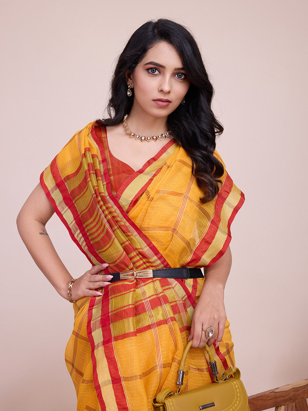 Yellow Kota Doriya Saree With Zari Weaving Work