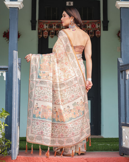 Off White Soft Linen Cotton Saree With Kalamkari Printed Work