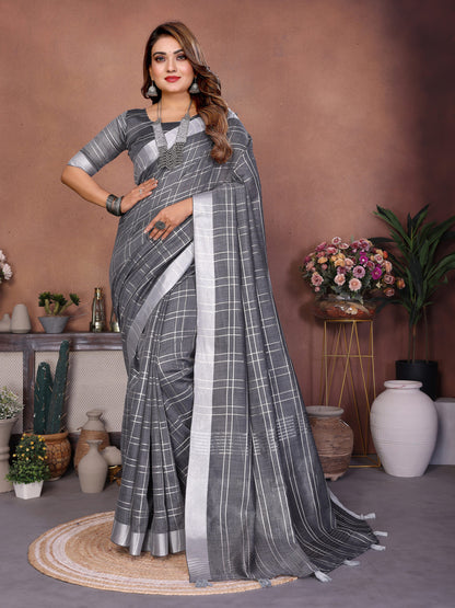 Gray Linen Cotton Saree With Silver Zari Border