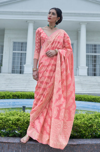 Pink Soft Cotton Saree With Lucknowi Work