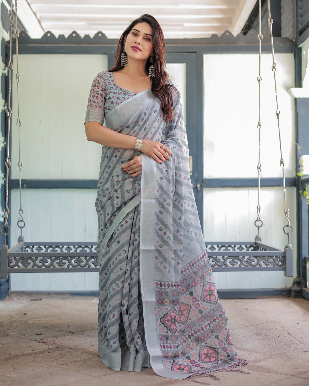 Gray Summer Special Digital Printed Linen Cotton Saree