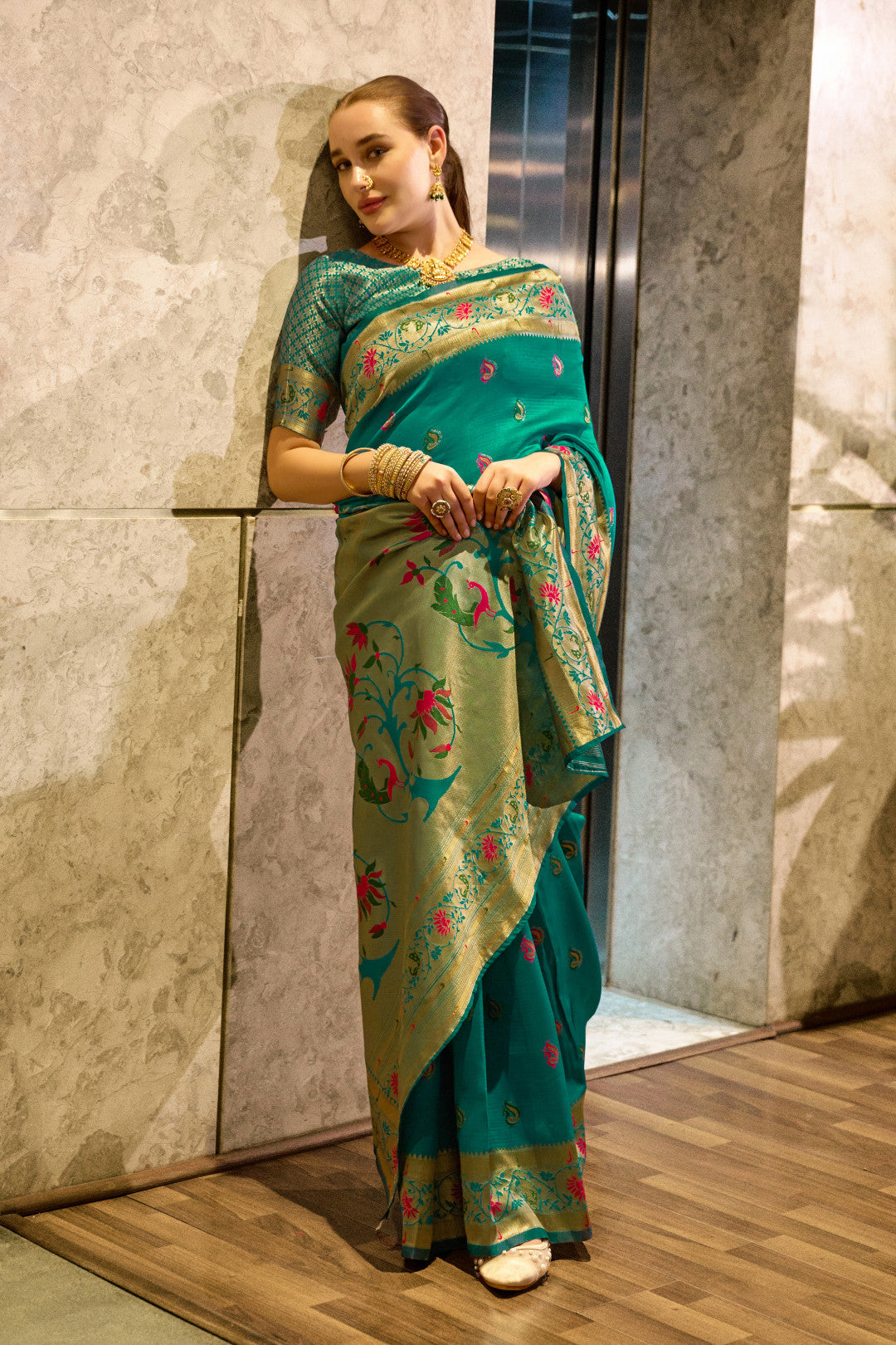 Traditional Rama Green Paithani Silk Saree With Zari Weaving Work