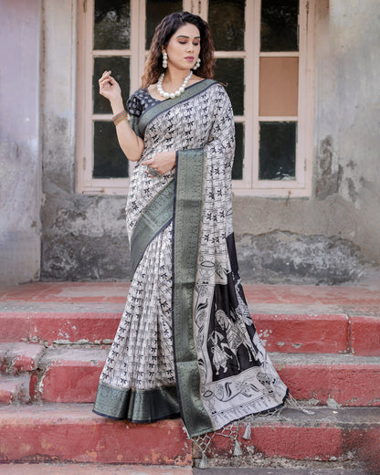 Black Digital Printed Tussar Silk Saree With Zari Motif Border | Traditional Festive Ethnic Wear – JaipurSaaj