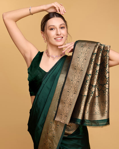 Dark Green Soft Kanchipuram Silk Saree With Zari Weaving Work | Bridal Wedding & Festive Wear – JaipurSaaj